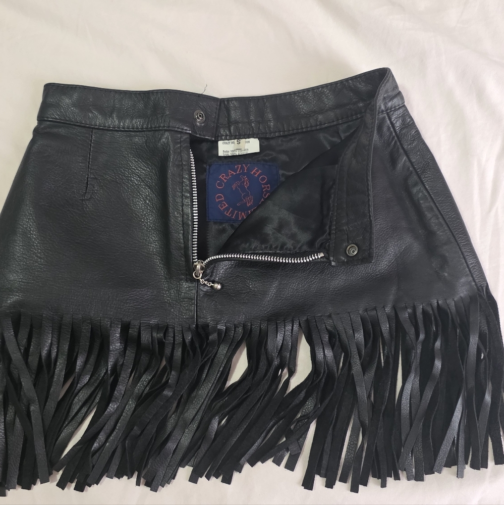 Genuine Black Leather Fringe Skirt - Picture 2 of 4